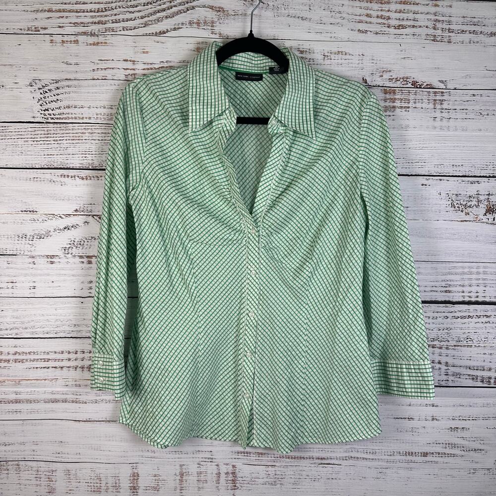 Womens Y2K New York Co Ruched V Neck Green White Gingham Button Up Top Stretch M
